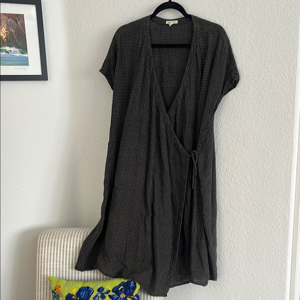 Black Checkered Linen Wrap Dress